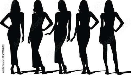 Fashion silhouettes of elegant women in high heels, stylish pose, black dress, modeling art, runway concept, minimalist design, chic