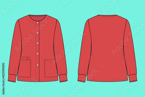 Women's Snap-Front Scrub Cardigan with Round Neck and Patch Pockets Apparel Technical Fashion Flat Sketch