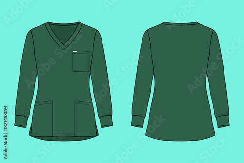 Women's V-Neck Long-Sleeve Scrub Top with Multi-Pocket Design Technical Drawing Fashion Flat Sketch