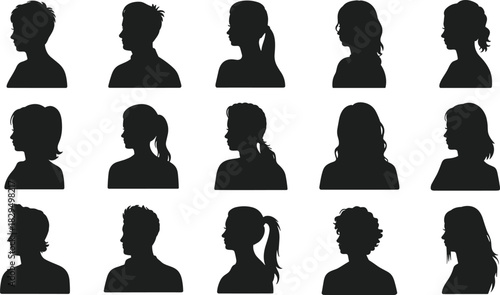 Black head profile silhouettes, diverse hairstyles, male and female design, side view, identity concept, artistic illustration, contour shapes