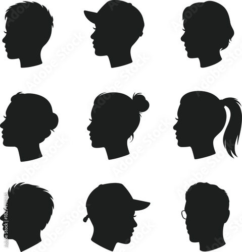 Black head profile silhouettes, diverse hairstyles, male and female styles, side view, identity concept, artistic illustration, contour shapes