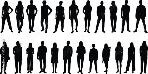 Silhouettes of diverse individuals standing in rows, black figures, fashion and posture variety, human form design, visual identity concept