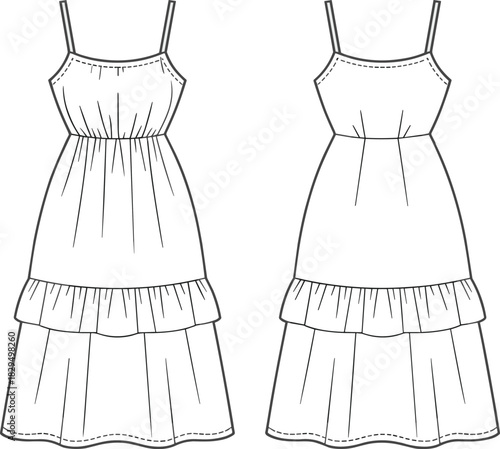 Tiered maxi dress fashion sketch, front and back view, spaghetti straps, flat vector, CAD drawing, apparel design illustration