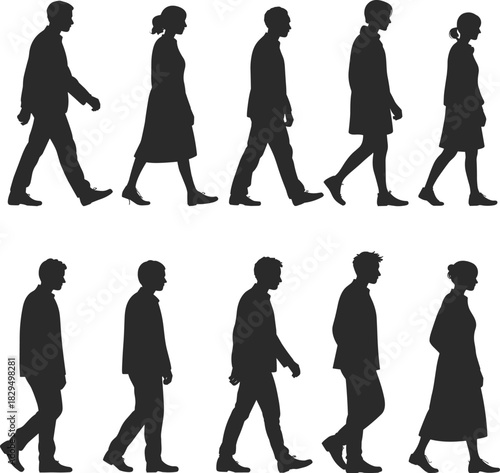 Silhouettes of walking individuals in motion, black human figures, diverse posture and style, minimalist design, movement and identity concept