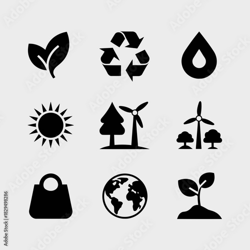 Set of nine black icons representing environmental sustainability concepts like recycling, renewable energy, and ecofriendly practices