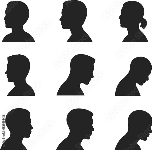 Black silhouette head profiles, diverse hairstyles, artistic side views, modern design, character identity, fashion concept, minimalist style, diversity