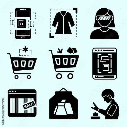 Set of icons representing online shopping, virtual reality, ecommerce, and digital transactions