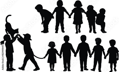 Playful children silhouettes with cat, holding hands, joyful interaction, black figures, childhood fun, animal bond, artistic design, friendship concept