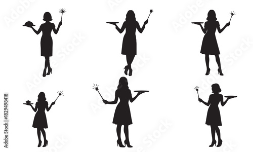 Collection of six female server silhouettes holding trays and utensils silhouette