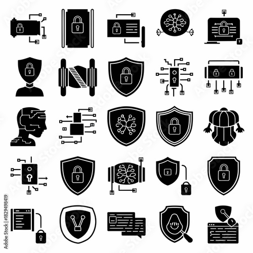 Set of cybersecurity icons including shields, locks, and digital protection symbols for web and app design