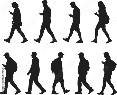 Black walking silhouettes, phone usage, digital distraction, urban behavior, posture variation, mobile engagement, minimalist design, social isolation concept