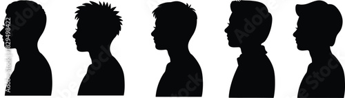 Black male profile silhouettes, diverse hairstyles, head shapes, identity concept, artistic design, character development, facial contour, side view illustration