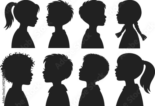 Black child profile silhouettes, diverse hairstyles, side view heads, identity concept, educational design, artistic illustration, youth diversity, contour shapes