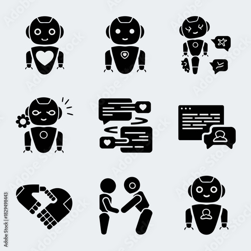 Set of nine black and white robot icons performing various activities and interactions isolated on