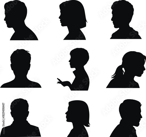 Black silhouette head profiles, diverse hairstyles, human identity concept, artistic design, facial contour, profile grid, people diversity, posture variation