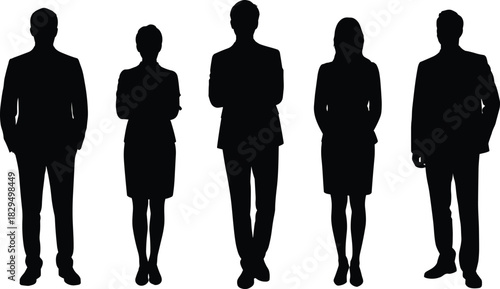 Black business silhouettes, professional attire, corporate diversity, teamwork concept, standing figures, workplace illustration, identity design, posture variation, formal profiles