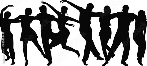Dancing couple silhouettes in motion, elegant poses, black figures, rhythmic movement, artistic expression, partner dance concept, celebration and joy