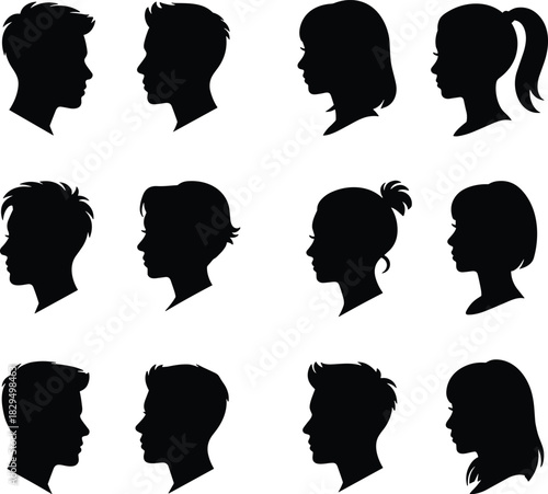 Black head profile silhouettes, diverse hairstyles, male and female design, side view, identity concept, artistic illustration, contour shapes