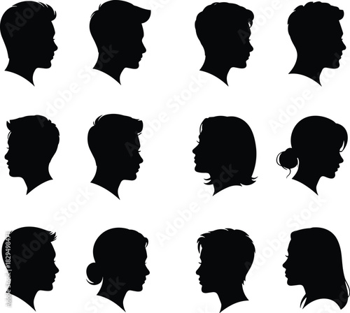 Black head profile silhouettes, diverse hairstyles, male and female styles, side view, identity concept, artistic illustration, contour shapes