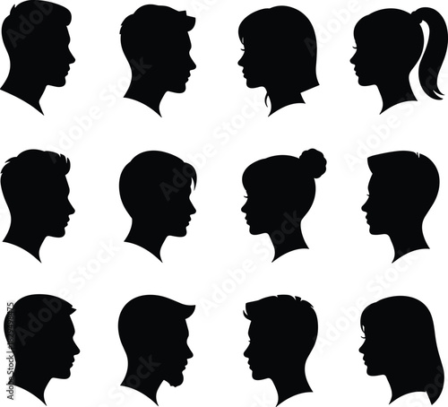 Black head profile silhouettes, diverse hairstyles, male and female design, side view, identity concept, artistic illustration, contour shapes Black head profile silhouettes, diverse hairstyles