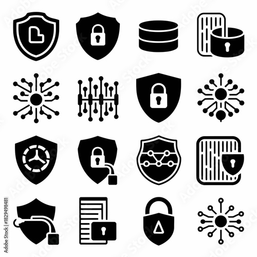 Set of security and data protection icons including shields, locks, databases, and network symbols