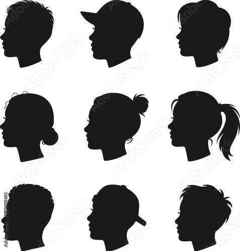 Black head profile silhouettes, diverse hairstyles, male and female design, side view, identity concept, artistic illustration, contour shapes