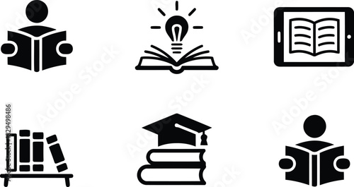 Collection of six essential black education and learning icons including books, a tablet, and a graduation cap
