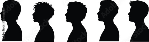 Black hairstyle silhouettes, male head profiles, diverse haircuts, side view design, identity concept, character modeling, artistic illustration, contour shapes