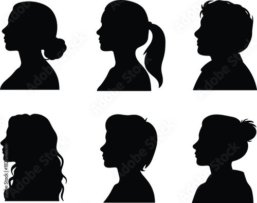 Black silhouette head profiles, diverse hairstyles, facial contours, human identity concept, artistic design, hairstyle variation, profile illustration, people diversity