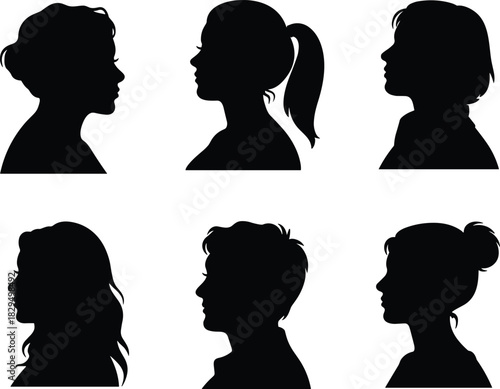 Black silhouette human profiles, diverse head shapes, hairstyle variety, facial contour illustration, identity concept, artistic people design, profile collection