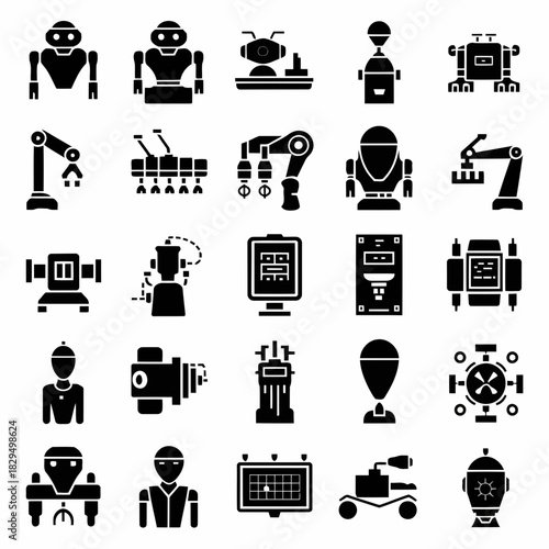 Collection of various robots and mechanical devices in a grid format, including humanoid robots, industrial robots, and robotic arms