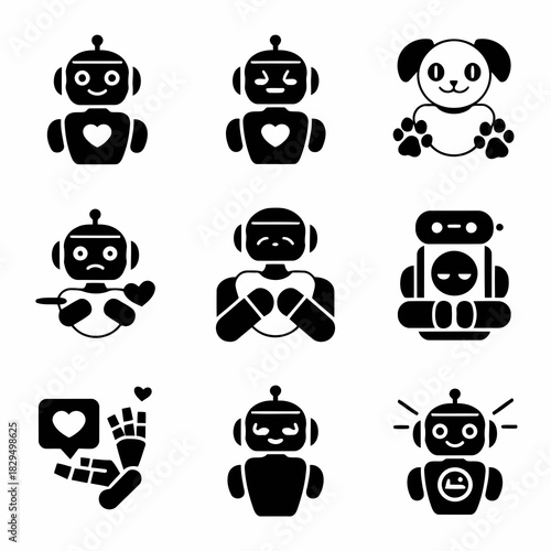 Cute cartoon robots and animals with various expressions and activities, isolated on