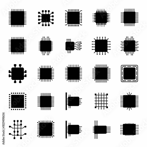 Collection of various black and white circuit board and chip icons on