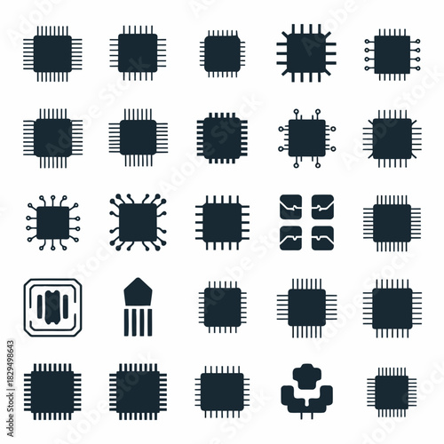 Collection of various electronic circuit components and symbols, including microchips, resistors, and capacitors, in a minimalist black and white design