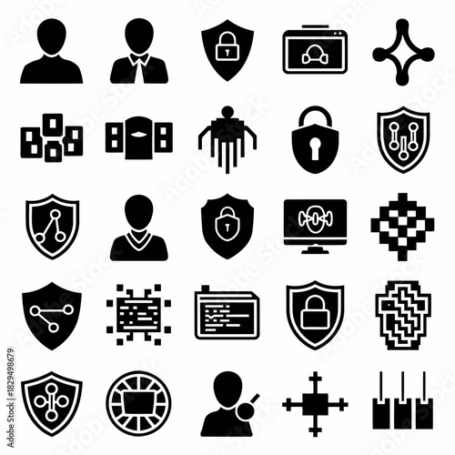 Set of security and privacy icons including shields, padlocks, and user profiles in black and white