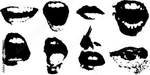 Mouth illustrations showcasing various expressions in black and white. Artistic vector illustration set with different shapes.