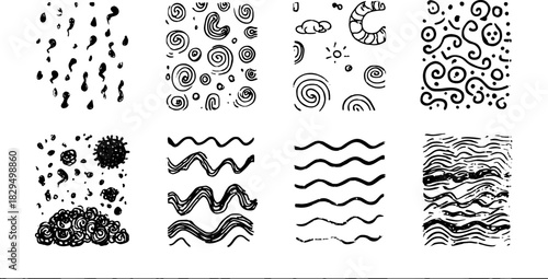 Various abstract patterns featuring waves, swirls, and lines in a monochrome color scheme. Unique patterns presented in a vector illustration set.