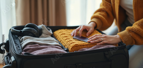 Female packs clothes in suitcase. Woman prepares travel bag for a journey. Girl puts passport on top of clothes. Headphones lie inside the suitcase. Preparing for vacation or business trip.