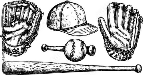 Baseball equipment set: glove, cap, bat, and ball. Monochrome vector illustration featuring detailed line art.