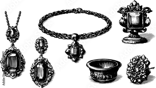Vintage jewelry set featuring earrings, necklace, and brooch. Monochrome vector illustration highlights the intricate designs and fine details.