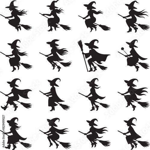 Witches on Broomsticks Silhouettes Collection Spooky Halloween Illustration Vector