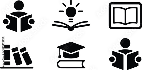 Essential collection of six black icons representing education, reading, knowledge, and academic pursuits on white