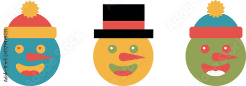 Cheerful Snowman Faces in Winter Hats Vector Illustration for Festive Season Greetings