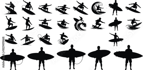 Black Icons of People Surfing Waves, Holding Boards, for Summer Sport, Beach, and Extreme Water Activities.
