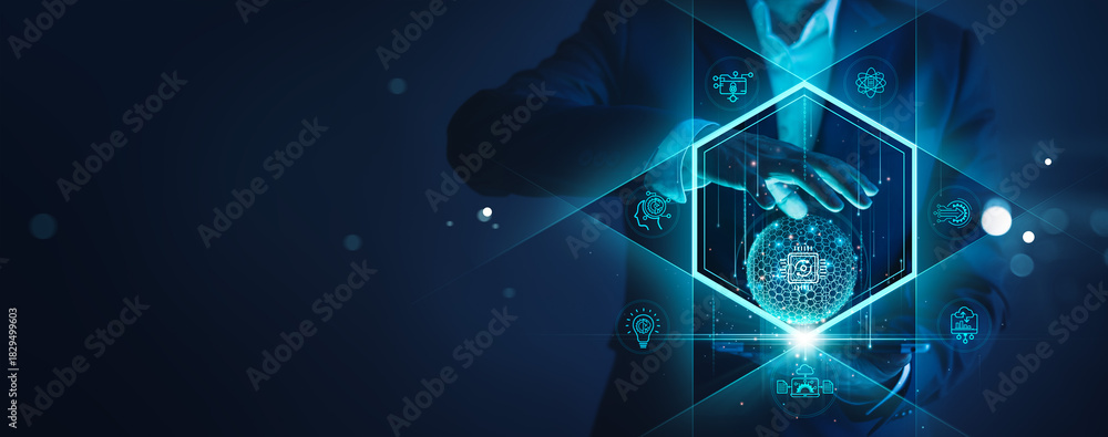 Fototapeta premium Ai technology and network of business, Businessman management and control Ai Artificial Intelligence on data global networking. Data Science, Cloud computing and big data digital for future.