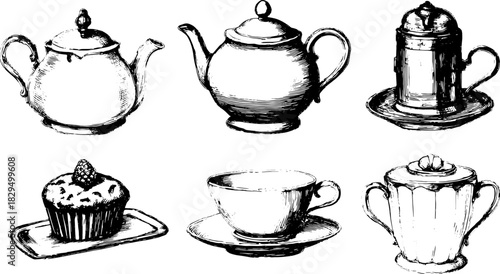 Teapot and cup set in hand-drawn style. Vintage illustration of cake and dessert, perfect for restaurant and cafe use, in elegant black and white vector.