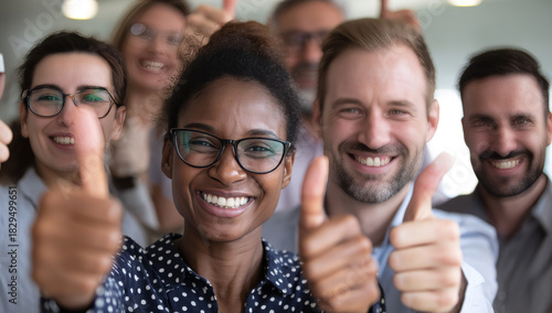 Diverse Team Celebrates Success with Thumbs Up Gesture.