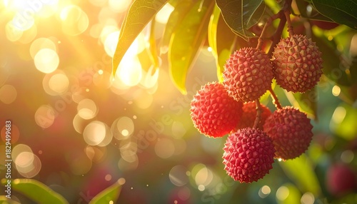 Lychee fruit cluster on a tree branch, bathed in warm golden sunlight with bokeh background of leaves