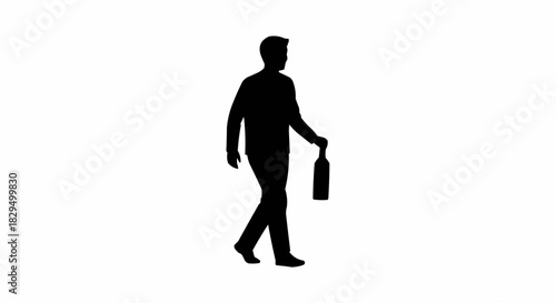Silhouette of a man walking while holding a bottle.