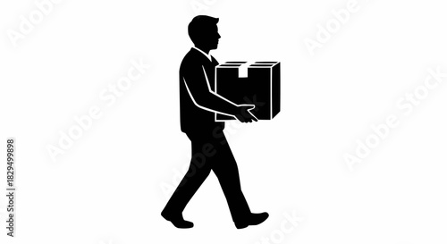Silhouette of a businessman walking while carrying a cardboard box.